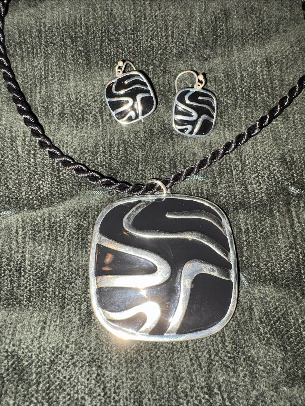Black and Silver Abstract Pendant Necklace with Matching Earrings